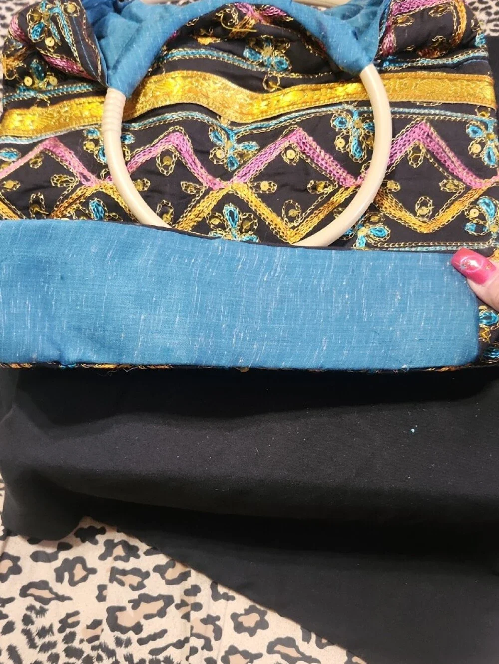 Homemade Black Embroidered Boho Bag with Gold, Pink and Blue Accents